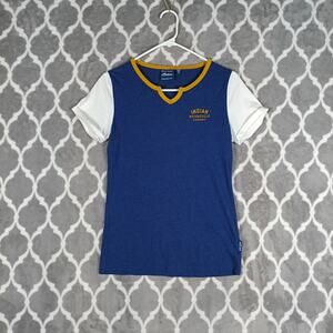 Indian Motorcycle Shirt Women XS Blue Yellow Contrast Notch Neck T-shirt‎ Tee